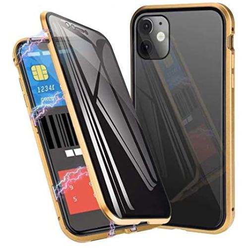 Anti-Spy Anti-Peeping Privacy Magnetic Case for iPhone 11 Pro Max Clear Double Sided Tempered Glass [Magnet Absorption Metal Bumper Frame] Thin Anti-Spy 360 Full Protective Phone (Gold, 11 Pro Max)