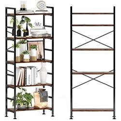 CosyStar 5-Tier Adjustable Tall Bookcase, Rustic Wood and Metal Standing Bookshelf, Industrial Vintage Book Shelf Unit, Open Back Modern Office Bookcases