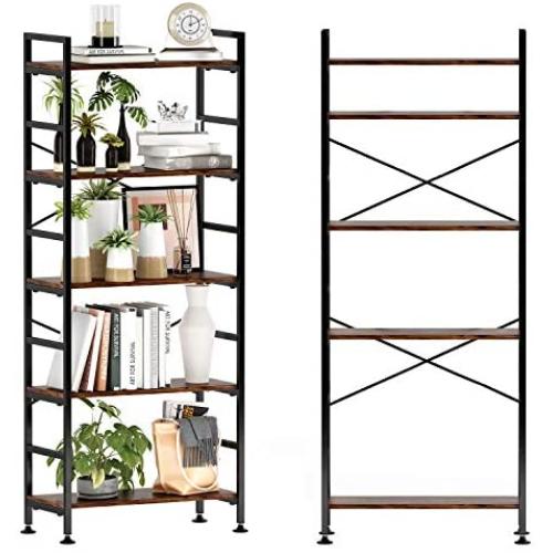 CosyStar 5-Tier Adjustable Tall Bookcase, Rustic Wood and Metal Standing Bookshelf, Industrial Vintage Book Shelf Unit, Open Back Modern Office Bookcases