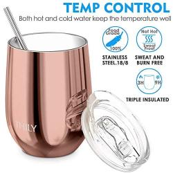 Stainless Steel Stemless Wine Tumbler - THILY 12 oz Vacuum Insulated Travel Cup Set with Sliding Lid and Metal Straw, for Coffee, Cocktails, Christmas Gifts, 2 Pack(Rose Gold + White)