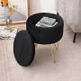 Wimarsbon Modern Storage Ottoman, Round Velvet Footstool with Removable Lid, Golden Metal Legs Vanity Seat-Black