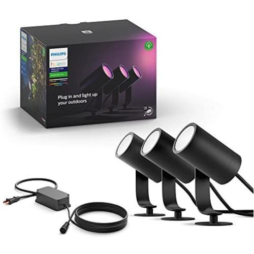 Philips Hue Lily White & Color Outdoor Spot Light Base kit (Hue Hub required), 3 Spot Lights with power supply + mount, Works with Alexa, HomeKit & Google Assistant