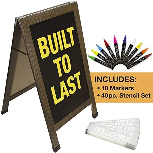 Sandwich Board Sidewalk Chalkboard Sign: Reinforced, Heavy-Duty / 10 Chalk Markers / 40 Piece Stencil Set/Chalk/Eraser/Double Sided/Large 40x23 Chalk Board Standing Sign A-Frame (Rustic) Sandwich Board Sidewalk Chalkboard Sign: Reinforced, Heavy-Duty / 10 Chalk Markers / 40 Piece Stencil Set/Chalk/Eraser/Double Sided/Large 40x23 Chalk Board Standing Sign A-Frame (Rustic)