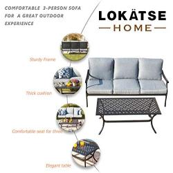 LOKATSE HOME 3 Seat Metal Patio Loveseat Bench Outdoor Furniture Bistro Set with Coffee Table for Lawn Front Porch Garden Yard or Poolside, Grey