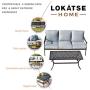 LOKATSE HOME 3 Seat Metal Patio Loveseat Bench Outdoor Furniture Bistro Set with Coffee Table for Lawn Front Porch Garden Yard or Poolside, Grey