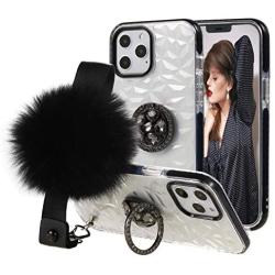 iPhone 11 Pro Case,Lozeguyc iPhone 11 Pro 5.8 Inch Clear Crystal TPU Case Bling Diamond Ring Stand Cover Soft Shockproof Furry Ball Strap Case for Girls Women-Black