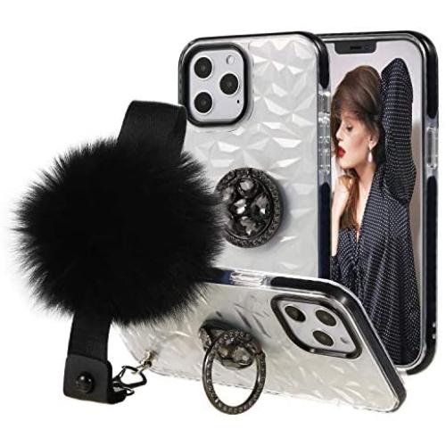 iPhone 11 Pro Case,Lozeguyc iPhone 11 Pro 5.8 Inch Clear Crystal TPU Case Bling Diamond Ring Stand Cover Soft Shockproof Furry Ball Strap Case for Girls Women-Black