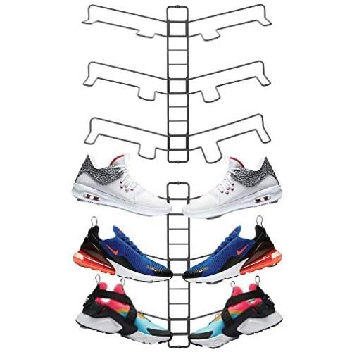 mDesign Modern Metal Shoe Organizer Display & Storage Shelf Rack - Adjustable Shelves Hang & Store Kicks, Running, Basketball, Tennis Shoes - 3 Tier, Each Wall Mount Unit Holds 6 Shoes, 2 Pack, Gray