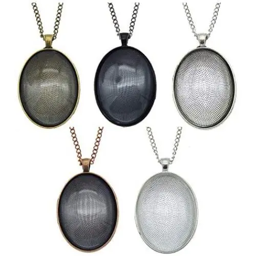 Julie Wang 10 Sets Mixed Oval Pendant Tray Bezel Blank Kit with Glass Cabochon and Chain for Jewelry Making Necklace 40x30mm Julie Wang 10 Sets Mixed Oval Pendant Tray Bezel Blank Kit with Glass Cabochon and Chain for Jewelry Making Necklace 40x30mm