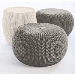 Keter Urban Knit Pouf Ottoman Set of 2 with Storage Table for Patio and Room Décor-Perfect for Balcony, Deck, and Outdoor Seating, Cream & Taupe