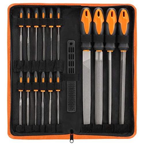 17Pcs File Tool Set with Carry Case,Premium Grade T12 Drop Forged Alloy Steel, Precision Flat/Triangle/Half-round/Round Large File and 12pcs Needle Files/1 brush