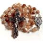 elegantmedical Handmade Orange Moonstone Beads Catholic 5 Decade Rosary Necklace Cross Crucifix & Metal Jewellery Box