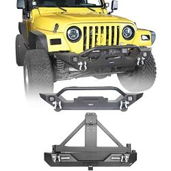 Hooke Road Wrangler TJ Rear Bumper with Tire Carrier + Front Bumpers Combo Compatible with Jeep Wrangler TJ 1997-2006