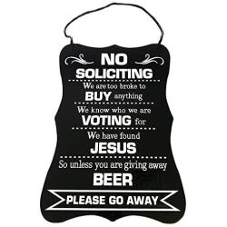 KCC Industries Heavy Duty Metal No Soliciting Sign 12'' x 8'' - Funny Please Go Away | Drilled Holes + Hanging Rope