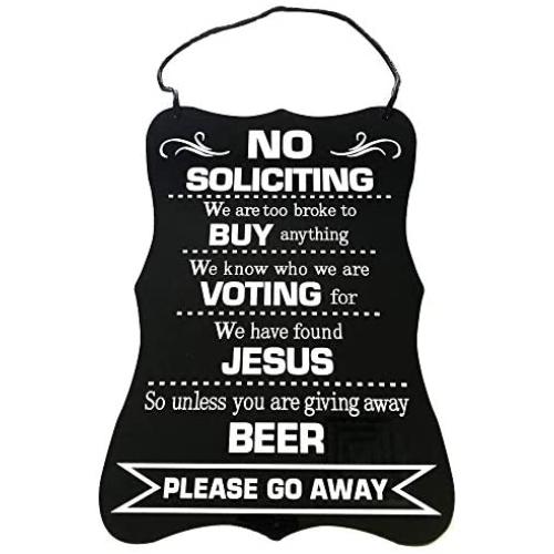 KCC Industries Heavy Duty Metal No Soliciting Sign 12'' x 8'' - Funny Please Go Away | Drilled Holes + Hanging Rope