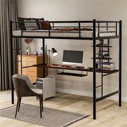 Twin Metal Loft Bed with Desk, Twin Size Bunk Bed with Bilateral Ladders, Guardrails, Desk and Bookcase, Space-Saving Loft Bed with Keyboard Tray for Boys & Girls Teens