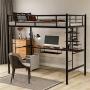 Twin Metal Loft Bed with Desk, Twin Size Bunk Bed with Bilateral Ladders, Guardrails, Desk and Bookcase, Space-Saving Loft Bed with Keyboard Tray for Boys & Girls Teens