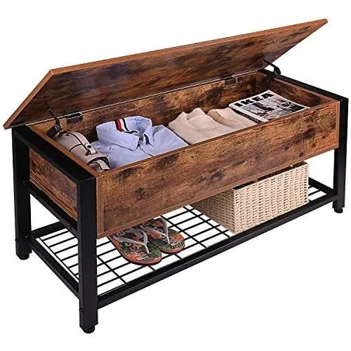 Industrial Storage Bench, Entryway Lift Top Shoe Storage Bench in Dining Room, Hallway, Living Room Metal Frame Industrial Storage Bench, Entryway Lift Top Shoe Storage Bench in Dining Room, Hallway, Living Room Metal Frame