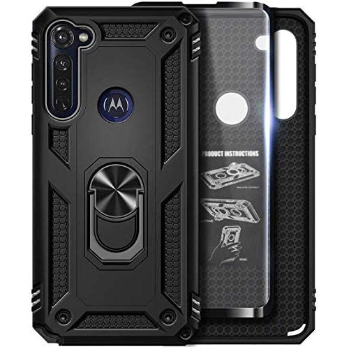 E-Began Case for Motorola Moto G Stylus (2020) with Tempered Glass Screen Protector, Metal Magnetic Ring Holder, Full-Body Protective Military Armor Phone Cover Case -Black