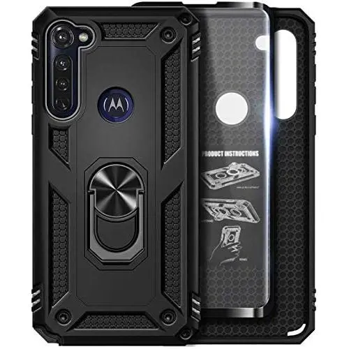 E-Began Case for Motorola Moto G Stylus (2020) with Tempered Glass Screen Protector, Metal Magnetic Ring Holder, Full-Body Protective Military Armor Phone Cover Case -Black