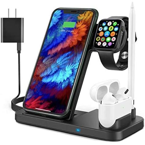 4 in 1 Wireless Charger, Apple Watch Charger 15W Foldable Fast Portable Wireless Charging Station for Apple Products, iPhone 11/11 Pro Max/XR/XS/X/, iWatch 6/5/4/3/2/1. Airpods 1/2/Pro & Pencil 1