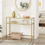 VASAGLE Console Table, Modern Sofa or Entryway Table, Tempered Glass Table, Metal Frame, 2 Shelves, Adjustable Feet, for Living Room, Hallway, Gold Color ULGT025A01