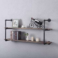 Industrial Pipe Shelving Wall Mounted,48in Rustic Metal Floating Shelves,Steampunk Real Wood Book Shelves,Wall Shelf Unit Bookshelf Hanging Wall Shelves,Farmhouse Kitchen Bar Shelving(2 Tier)