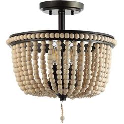 JONATHAN Y JYL9020A Allie 14'' Wood Beaded/Metal LED Flush Mount, Black/Light Taupe Contemporary Transitional for Bedroom, Living Room, Office