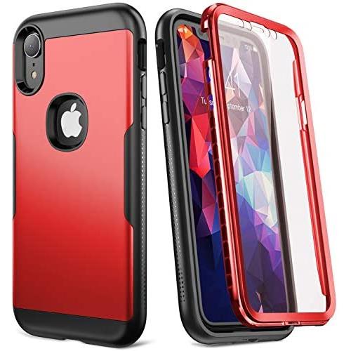 YOUMAKER Metallic Designed for iPhone XR Case, Full Body Rugged with Built-in Screen Protector Slim Fit Shockproof Cover for iPhone XR 6.1 Inch - Red/Black