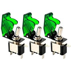 Gebildet 3pcs Rocker Toggle Switch LED Illuminated Green, with Waterproof Boot Cap Cover, 20A 12V-24VDC, 3 Pin SPST ON/Off Switch with Metal Bat, Used for Car Auto Truck Boat