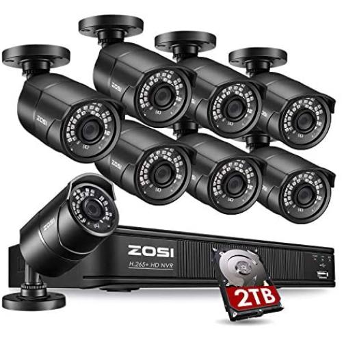 ZOSI 1080p PoE Home Security Camera System Outdoor Indoor,8CH 5MP H.265+ PoE NVR Recorder with 2TB Hard Drive and (8) 1080p Surveillance Bullet PoE Network Cameras with 120ft Long Night Vision