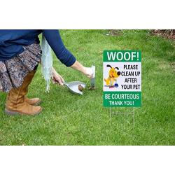 WaaHome Pack of 2 Double Sided Woof Please Clean Up After Your Pet Yard Signs with Metal Wire H-Stakes, 8''X12'' Funny No Poop Pee Dog Yard Sign Lawn Sign