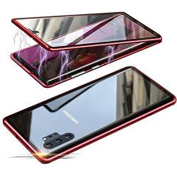 Jonwelsy Magnetic Adsorption Case for Samsung Galaxy Note 10 Plus 5G, 360 Degree Front and Back Clear Tempered Glass Flip Cover, Metal Bumper Frame for Samsung Galaxy Note 10 Plus 5G (Red)