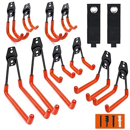 Garage Hooks, 12 Pack Wall Storage Hooks with 2 Extension Cord Storage Straps, Heavy Duty Tool Hangers for Utility Organizations, Wall Mount Holders for Garden Lawn Tools, Ladders, Bike (Orange)