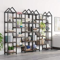 Tribesigns Rustic Triple Wide Bookshelf, 12 Open Shelves Etagere Bookcase Vintage Industrial Book Shelves Wood and Metal Display Shelf Storage Organizer for Home Office (Rustic Brown)