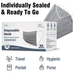 WeCare Disposable Face Mask Individually Wrapped - 50 Pack, Grey Masks 3 Ply