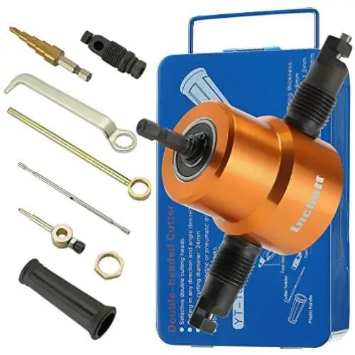 Lnchett Double Head Sheet Metal Nibbler, Nibbler Metal Cutter with Saw Power Drill Attachment for Straight and Circle Cutting, Maximum 14 Gauge Steel. Lnchett Double Head Sheet Metal Nibbler, Nibbler Metal Cutter with Saw Power Drill Attachment for Straight and Circle Cutting, Maximum 14 Gauge Steel.