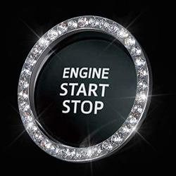 Bling Car Crystal Rhinestone Ring Emblem Sticker, Car Interior Decoration, Bling Car Accessories for Women, Push to Start Button, Key Ignition Starter & Knob Ring (Silver, 1 Row Rhinestones)