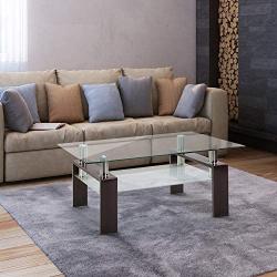 Depointer Life Glass Coffee Table, Rectangle Coffee Table for Living Room Modern Side Coffee Table with Lower Shelf,Perfect for Living Room Conversation Leisure Occasions, Metal Leg,Brown