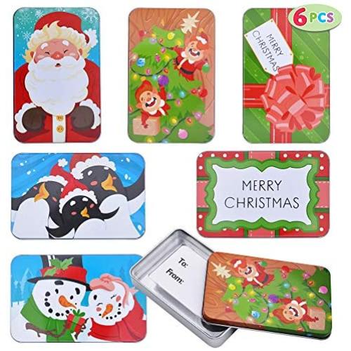 6 Gift Card Tin Holders Boxes 5” x 3.25” x 0.75” for Christmas Holiday Décor, Xmas Party Favor Box