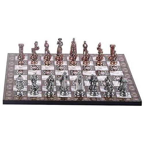 GiftHome Medieval British Army Antique Copper Metal Chess Set for Adults, Handmade Pieces and Mosaic Design Wooden Chess Board King 2.75 inc