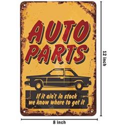 AOYEGO Auto Parts Tin Sign,Car and Lettering On Yellow Background Vintage Metal Tin Signs for Cafes Bars Pubs Shop Wall Decorative Funny Retro Signs for Men Women 8x12 Inch