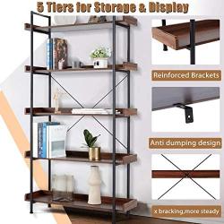 ECOTOUGE 5 Tier Bookcase, Vintage Industrial Style Open Storage Display Shelves Organizer with Metal Frame Rustic Book Shelf, Furniture for Collection for Home Office, Distressed Brown