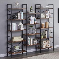 SUPERJARE Triple Wide 5-Tier Bookshelf, Rustic Industrial Style Book Shelf, Wood and Metal Bookcase Furniture for Home & Office - Rustic Brown