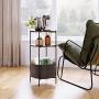 Homfa Vintage Round End Table, 3-Tier Industrial Side Table Night Stand with Storage Basket Wood Look Accent Furniture with Metal Frame