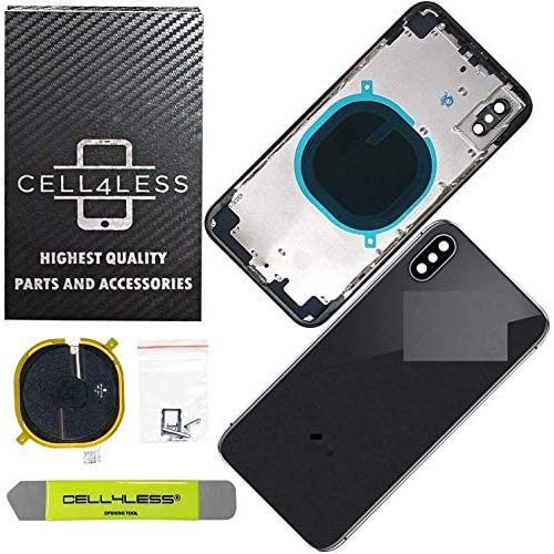Cell4Less Back Housing Assembly Metal Frame w/Back Glass - Wireless Charging pad - Sim Card Tray and Camera Frame and Lens for iPhone X (Space Grey)