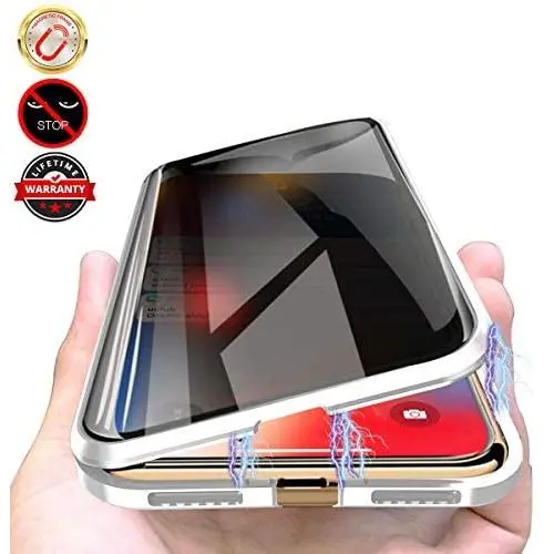 Privacy Magnetic Case for iPhone 11 Pro Max, Anti Peeping Clear Double Side Tempered Glass [Magnet Absorption Metal Bumper Frame] Thin 360 Full Protective Phone Case for iPhone 11 Pro Max 6.5 Silver