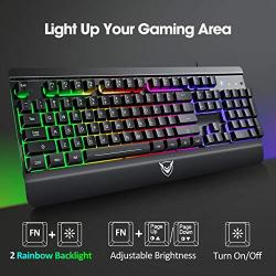 PICTEK Metal Gaming Keyboard, LED Wired Rainbow Keyboard, USB Backlit Membrane Keyboard with Wrist Rest, 19 Anti-ghosting Keys, 12 Multimedia Shortcuts, Spill-Resistant for Windows PC Gamer-Black