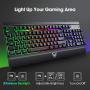 PICTEK Metal Gaming Keyboard, LED Wired Rainbow Keyboard, USB Backlit Membrane Keyboard with Wrist Rest, 19 Anti-ghosting Keys, 12 Multimedia Shortcuts, Spill-Resistant for Windows PC Gamer-Black