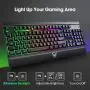 PICTEK Metal Gaming Keyboard, LED Wired Rainbow Keyboard, USB Backlit Membrane Keyboard with Wrist Rest, 19 Anti-ghosting Keys, 12 Multimedia Shortcuts, Spill-Resistant for Windows PC Gamer-Black